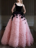 Niulatu Ball Gown Straps Tulle Layers Long Pink Ruffles Prom Dresses Sweet 16 Dresses HZ1110