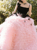 Niulatu Ball Gown Straps Tulle Layers Long Pink Ruffles Prom Dresses Sweet 16 Dresses HZ1110
