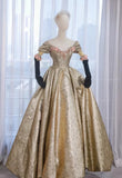 Niulatu Ball Gown Off The Shoulder Gold Satin Long Ruffles Prom Dresses Sweet 16 Dresses HZ1110