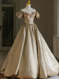 Niulatu Ball Gown Off The Shoulder Gold Satin Long Ruffles Prom Dresses Sweet 16 Dresses HZ1110