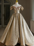 Niulatu Ball Gown Off The Shoulder Gold Satin Long Ruffles Prom Dresses Sweet 16 Dresses HZ1110