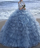 Niulatu Ball Gown High Neckline Tulle Layers Long Blue Ruffles Prom Dresses Sweet 16 Dresses HZ1110