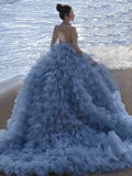 Niulatu Ball Gown High Neckline Tulle Layers Long Blue Ruffles Prom Dresses Sweet 16 Dresses HZ1110