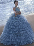 Niulatu Ball Gown High Neckline Tulle Layers Long Blue Ruffles Prom Dresses Sweet 16 Dresses HZ1110
