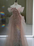 Niulatu Sheath Off The Shoulder Pink Sequin Long Evening Dress Prom Dresses Birthday Outfits HZ1110