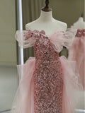 Niulatu Sheath Off The Shoulder Pink Sequin Long Evening Dress Prom Dresses Birthday Outfits HZ1110