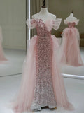 Niulatu Sheath Off The Shoulder Pink Sequin Long Evening Dress Prom Dresses Birthday Outfits HZ1110