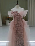 Niulatu Sheath Off The Shoulder Pink Sequin Long Evening Dress Prom Dresses Birthday Outfits HZ1110