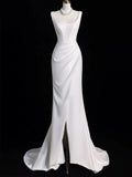 Niulatu Sheath Square Neckline Sleeveless White Satin Slit Wedding Dresses With Ruffles HZ1110