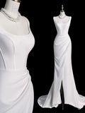 Niulatu Sheath Square Neckline Sleeveless White Satin Slit Wedding Dresses With Ruffles HZ1110