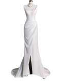 Niulatu Sheath Square Neckline Sleeveless White Satin Slit Wedding Dresses With Ruffles HZ1110