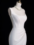 Niulatu Sheath Square Neckline Sleeveless White Satin Slit Wedding Dresses With Ruffles HZ1110