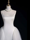 Niulatu Sheath Spaghetti Straps Sleeveless White Satin Wedding Dresses With Ruffles HZ1110