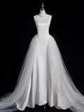 Niulatu Sheath Spaghetti Straps Sleeveless White Satin Wedding Dresses With Ruffles HZ1110