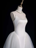 Niulatu Sheath Spaghetti Straps Sleeveless White Satin Wedding Dresses With Ruffles HZ1110