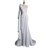 Niulatu Mermaid One Shoulder Sleeveless Ivory Chiffon Wedding Dresses With Flowers HZ1110