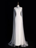 Niulatu Sheath High Neckline Sleeveless White Tulle Long Wedding Dresses With Beads HZ1110