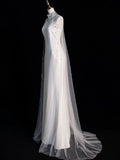 Niulatu Sheath High Neckline Sleeveless White Tulle Long Wedding Dresses With Beads HZ1110