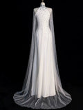 Niulatu Sheath High Neckline Sleeveless White Tulle Long Wedding Dresses With Beads HZ1110