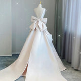 Niulatu Ball Gown V neckline Sleeveless Ivory Satin Long Wedding Dresses With Bow HZ1110