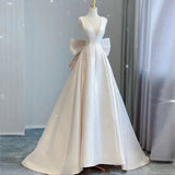 Niulatu Ball Gown V neckline Sleeveless Ivory Satin Long Wedding Dresses With Bow HZ1110