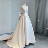 Niulatu Ball Gown V neckline Sleeveless Ivory Satin Long Wedding Dresses With Bow HZ1110