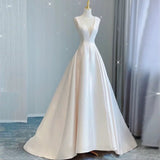 Niulatu Ball Gown V neckline Sleeveless Ivory Satin Long Wedding Dresses With Bow HZ1110