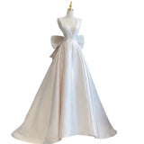 Niulatu Ball Gown V neckline Sleeveless Ivory Satin Long Wedding Dresses With Bow HZ1110