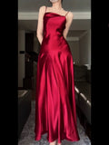Niulatu A Line Spaghetti Straps Red Satin Long Floor Length Prom Dresses HZ1110