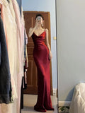 Niulatu Mermaid Spaghetti Straps Burgundy Satin Long Floor Length Prom Dresses HZ1110