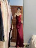 Niulatu Mermaid Spaghetti Straps Burgundy Satin Long Floor Length Prom Dresses HZ1110