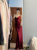 Niulatu Mermaid Spaghetti Straps Burgundy Satin Long Floor Length Prom Dresses HZ1110