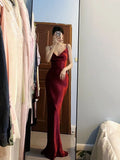 Niulatu Mermaid Spaghetti Straps Burgundy Satin Long Floor Length Prom Dresses HZ1110