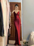 Niulatu Mermaid Spaghetti Straps Burgundy Satin Long Floor Length Prom Dresses HZ1110