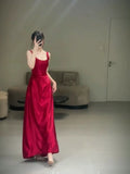 Niulatu A line Straps Red Satin Long Floor Length Prom Dresses HZ1110