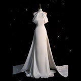 Niulatu Sheath High neckline Sleeveless Ivory Satin Long Wedding Dresses With Train HZ1110