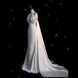 Niulatu Sheath High neckline Sleeveless Ivory Satin Long Wedding Dresses With Train HZ1110