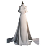 Niulatu Sheath High neckline Sleeveless Ivory Satin Long Wedding Dresses With Train HZ1110