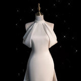 Niulatu Sheath High neckline Sleeveless Ivory Satin Long Wedding Dresses With Train HZ1110
