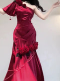 Niulatu Mermaid One Shoulder Burgundy Satin Long Floor Length Prom Dresses HZ1110