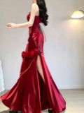 Niulatu Mermaid One Shoulder Burgundy Satin Long Floor Length Prom Dresses HZ1110
