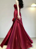 Niulatu Mermaid One Shoulder Burgundy Satin Long Floor Length Prom Dresses HZ1110