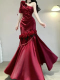 Niulatu Mermaid One Shoulder Burgundy Satin Long Floor Length Prom Dresses HZ1110