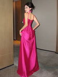 Niulatu A line Spaghetti Straps Hot Pink Long Evening Dress Prom Dresses Birthday Outfits HZ1110