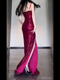 Niulatu Sheath Spaghetti Straps Burgundy Sequin Long Evening Dress Prom Dresses Birthday Outfits HZ1110