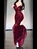 Niulatu Sheath Spaghetti Straps Burgundy Sequin Long Evening Dress Prom Dresses Birthday Outfits HZ1110