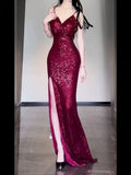 Niulatu Sheath Spaghetti Straps Burgundy Sequin Long Evening Dress Prom Dresses Birthday Outfits HZ1110