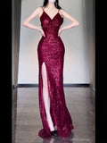 Niulatu Sheath Spaghetti Straps Burgundy Sequin Long Evening Dress Prom Dresses Birthday Outfits HZ1110
