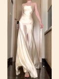 Niulatu Mermaid Spaghetti Straps Champagne Satin Long Floor Length Prom Dresses HZ1110