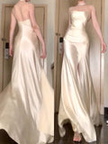 Niulatu Mermaid Spaghetti Straps Champagne Satin Long Floor Length Prom Dresses HZ1110